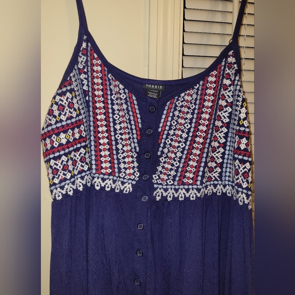 Torrid Tunic Length Top, Blue, Red + White in color. Button down front. Size 2 - Picture 2 of 3